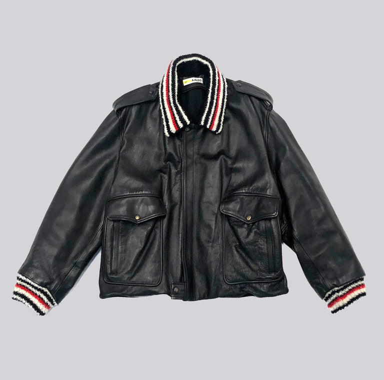 Leather Knit Collar Aviator Jacket
