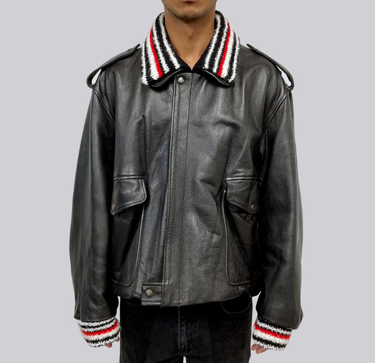 Leather Knit Collar Aviator Jacket
